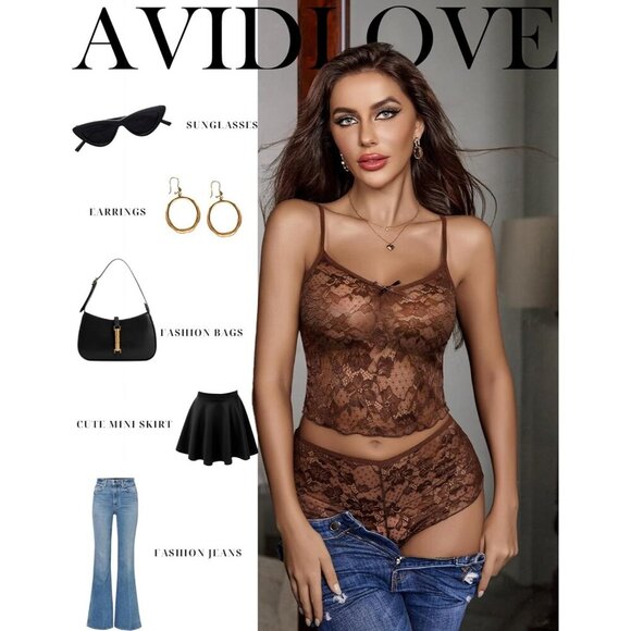 🆕Women Brown Lace Bra and Panty Set V Neck Baby doll 2 Piece Mesh Bralette Set - Picture 4 of 6